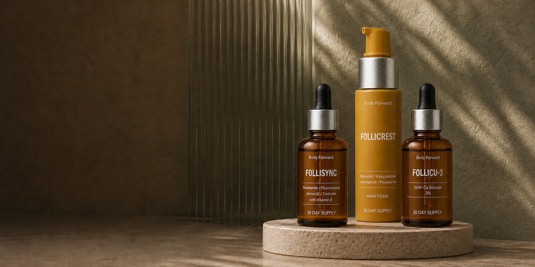 Body Forward FolliSync, FolliCrest, and FolliCu-3 hair treatments in a warm studio setting