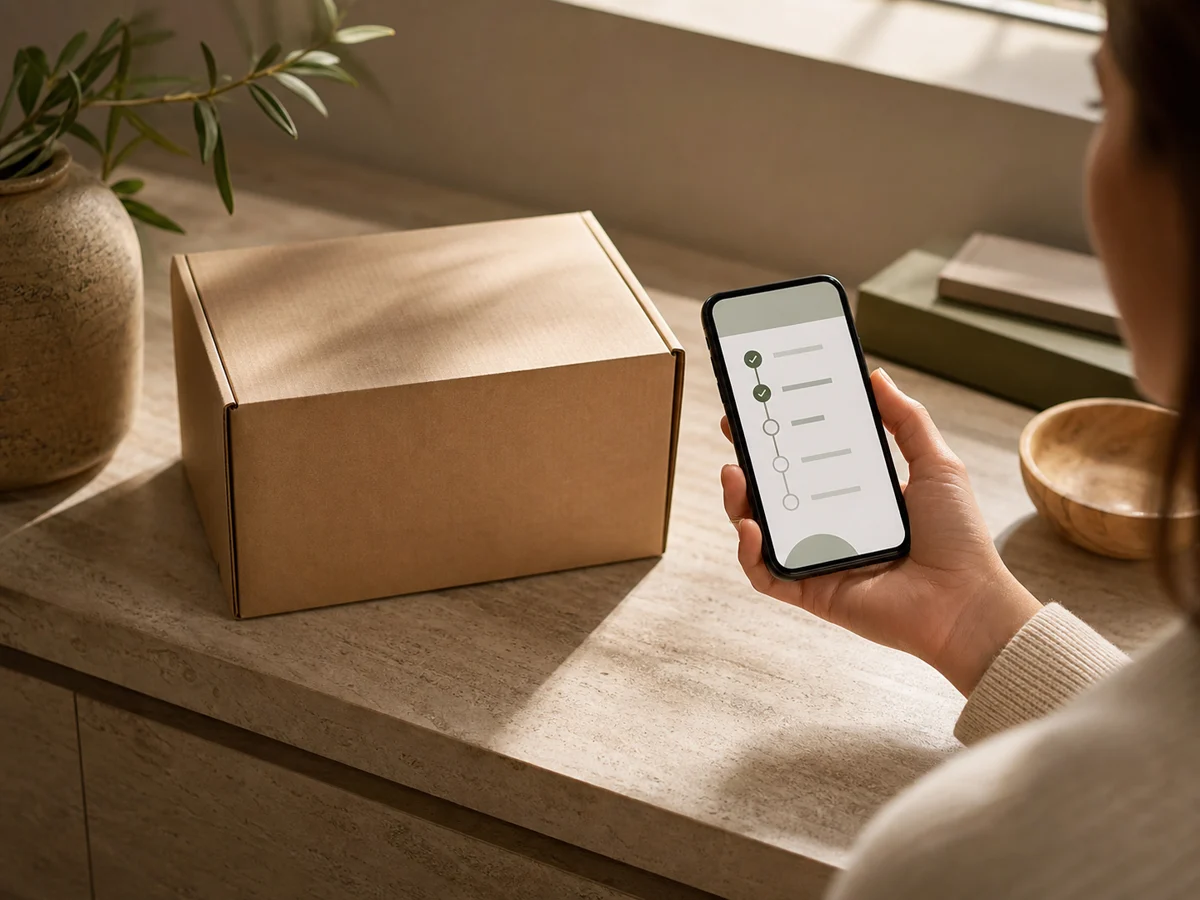 Patient checking shipment progress beside a discreet parcel