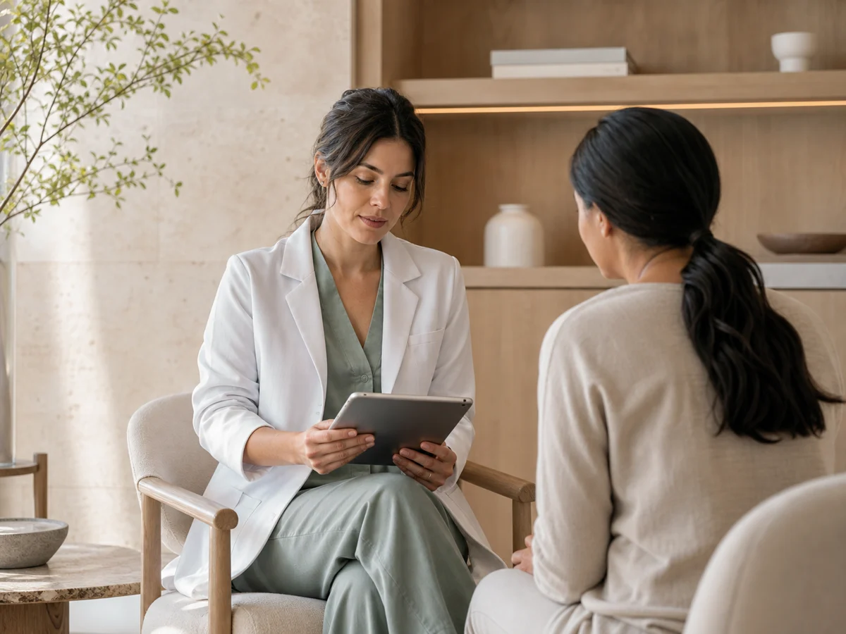 Clinician evaluating patient information during a consultation