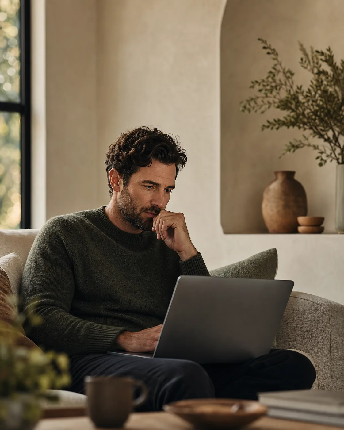 Person privately exploring online care options at home