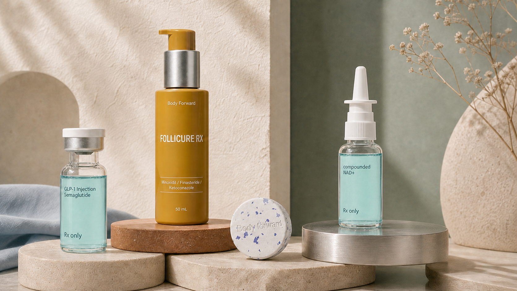 A curated collection representing weight loss, hair loss, and sexual wellness treatments