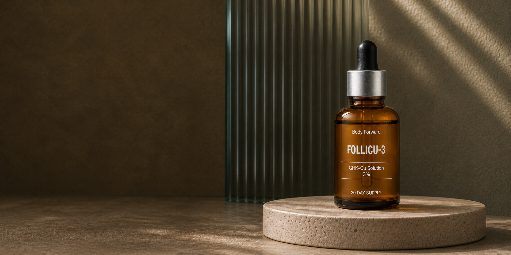 FolliCu-3 amber glass dropper bottle displayed in a warm Body Forward studio setting