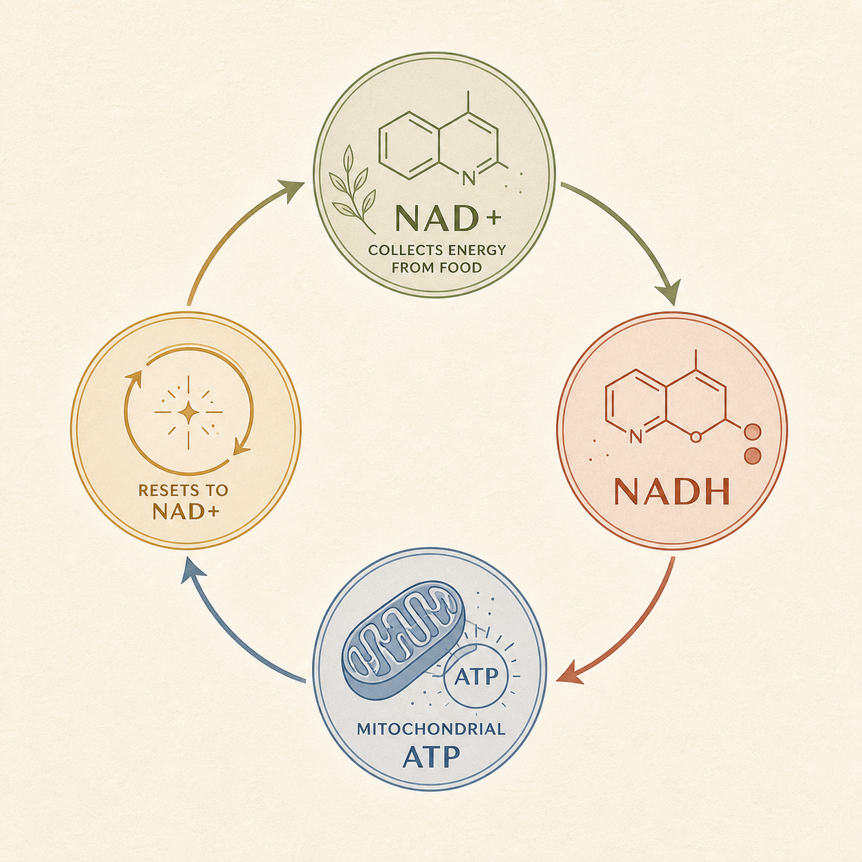 Editorial diagram showing NAD+ collecting energy from food, becoming NADH, supporting mitochondrial ATP production, and resetting to NAD+