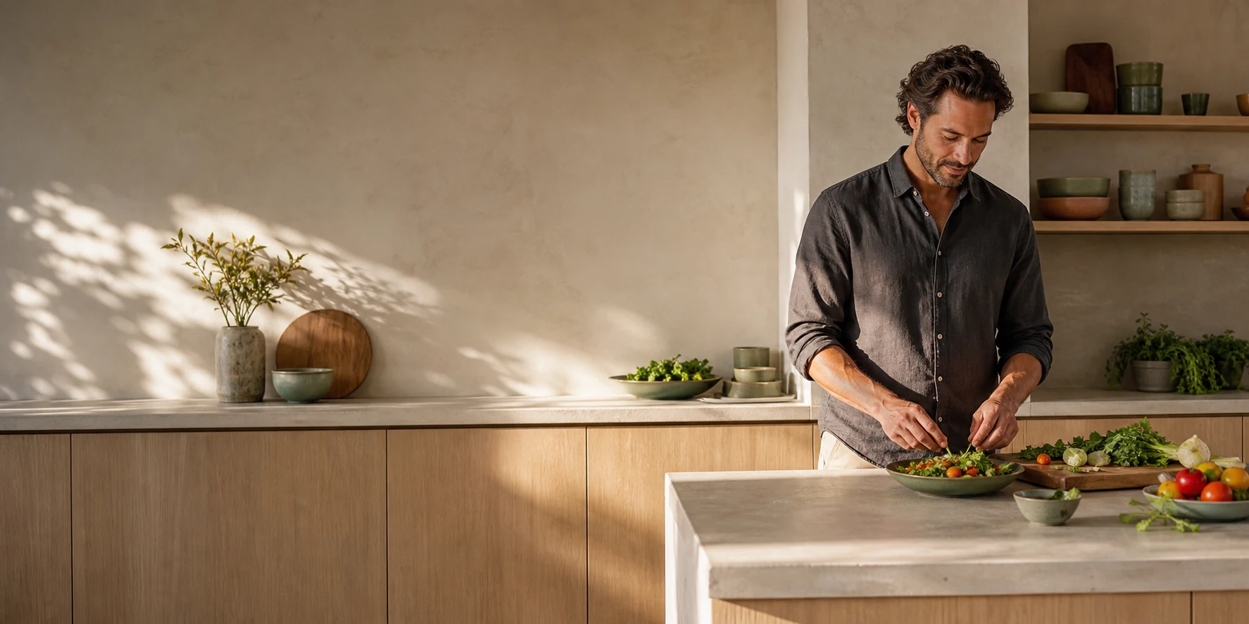 Adult preparing a balanced meal in a calm home kitchen