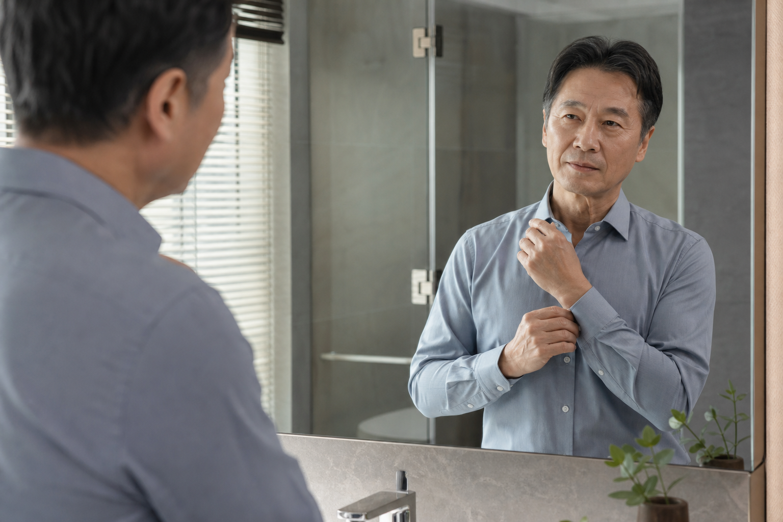Mature adult man getting ready in a private morning routine